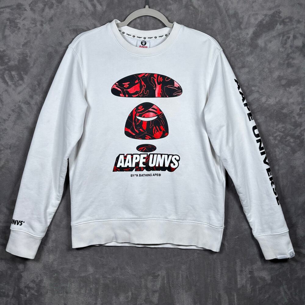 AAPE Universe Crewneck Sweater White Red Logo Size M